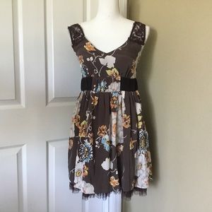 Free People Lace Strap Sleeveless Floral A-line Dress Brown Multi Tulle Trim
